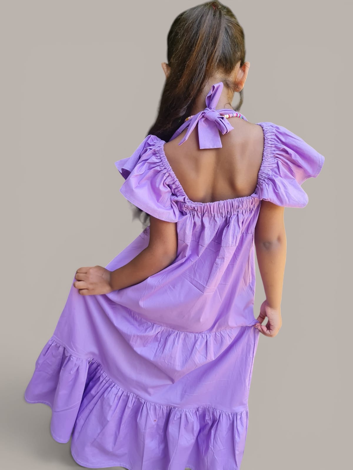 Girls Lavender Purple Maxi Dress with Front Bow and Ruffle Sleeves