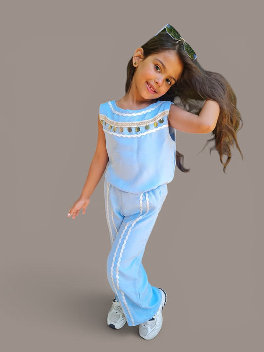 Girls Light Blue Two-Piece Set with Gold Coin Details