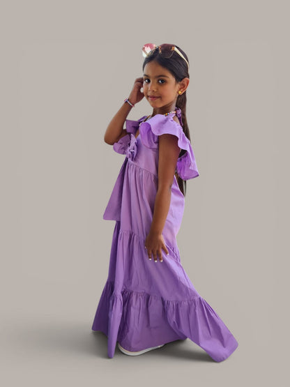 Girls Lavender Purple Maxi Dress with Front Bow and Ruffle Sleeves