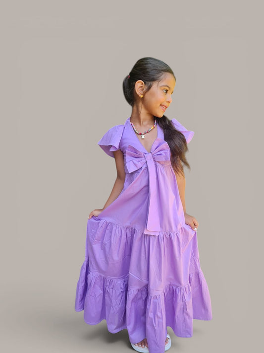 Girls Lavender Purple Maxi Dress with Front Bow and Ruffle Sleeves