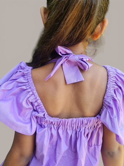 Girls Lavender Purple Maxi Dress with Front Bow and Ruffle Sleeves