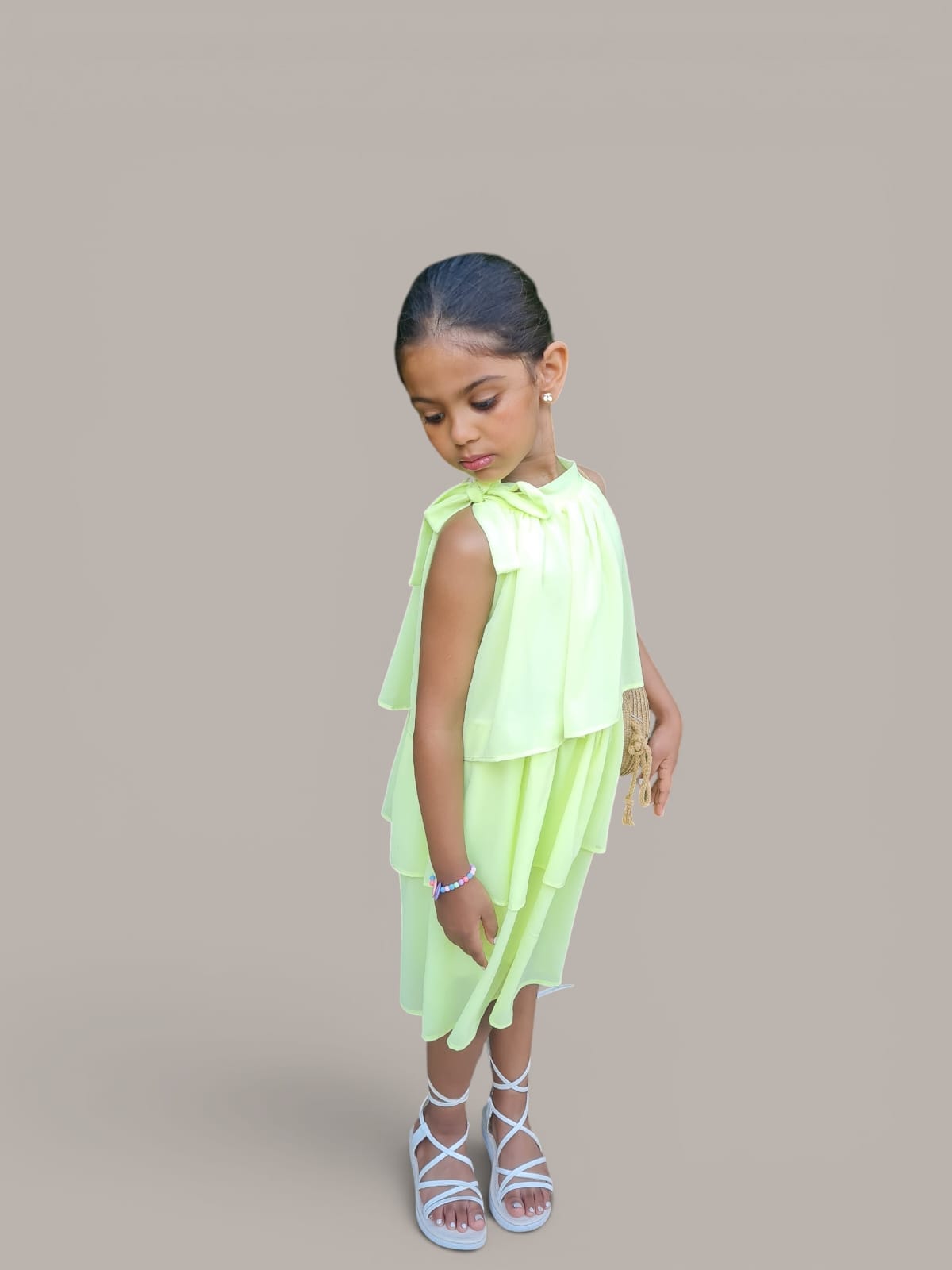Girls Lime Yellow Layered Party Dress with Shoulder Bow