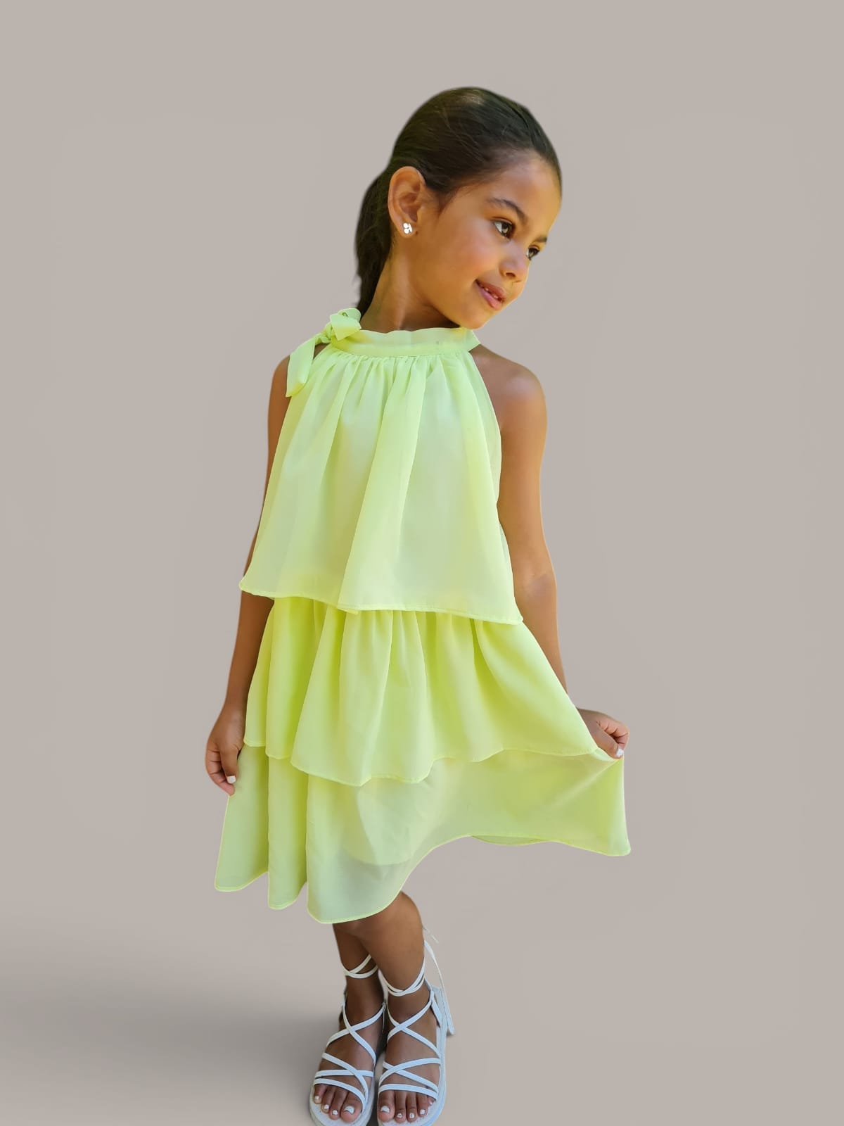 Girls Lime Yellow Layered Party Dress with Shoulder Bow
