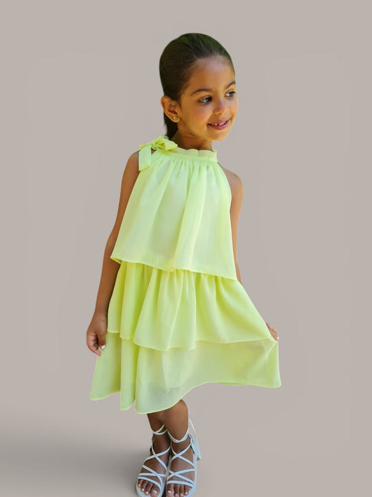 Girls Lime Yellow Layered Party Dress with Shoulder Bow