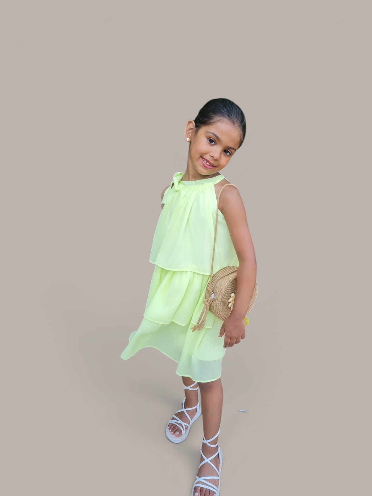 Girls Lime Yellow Layered Party Dress with Shoulder Bow