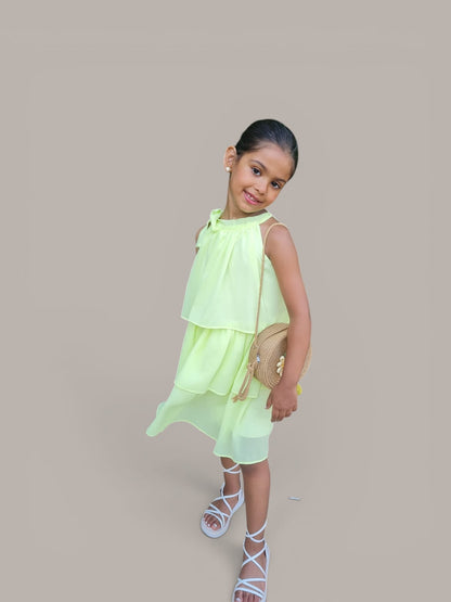 Girls Lime Yellow Layered Party Dress with Shoulder Bow