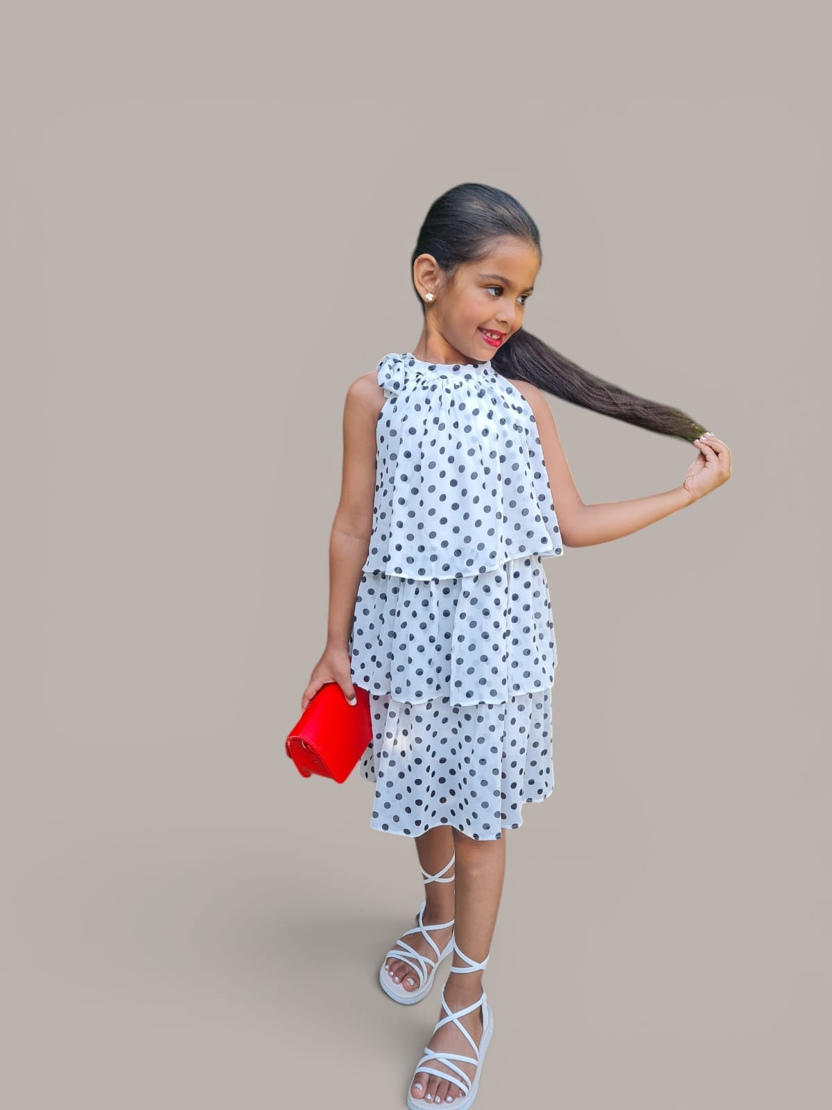 Girls White Polka Dot Tiered Dress with Shoulder Bow