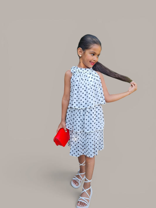 Girls White Polka Dot Tiered Dress with Shoulder Bow