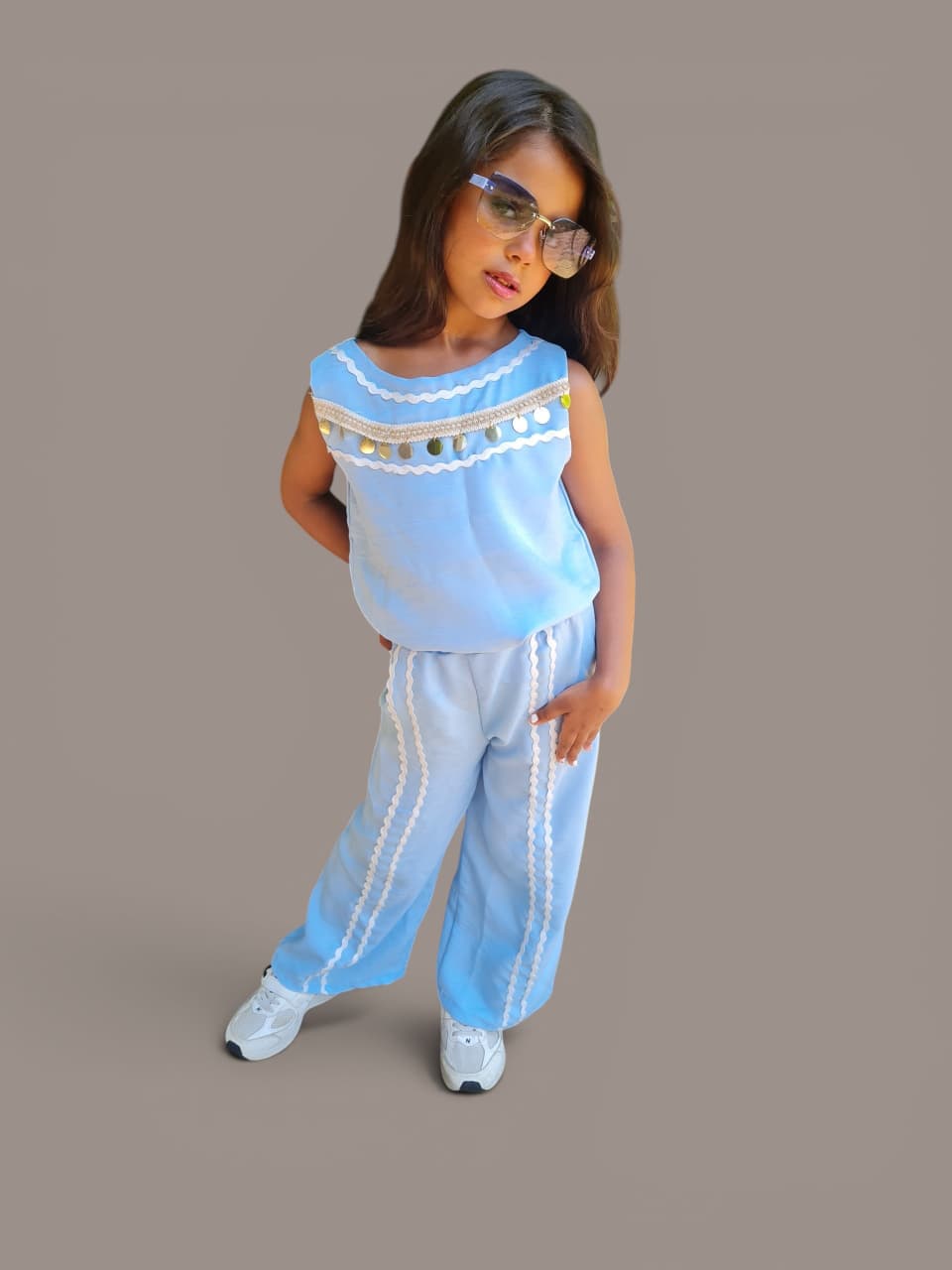 Girls Light Blue Two-Piece Set with Gold Coin Details