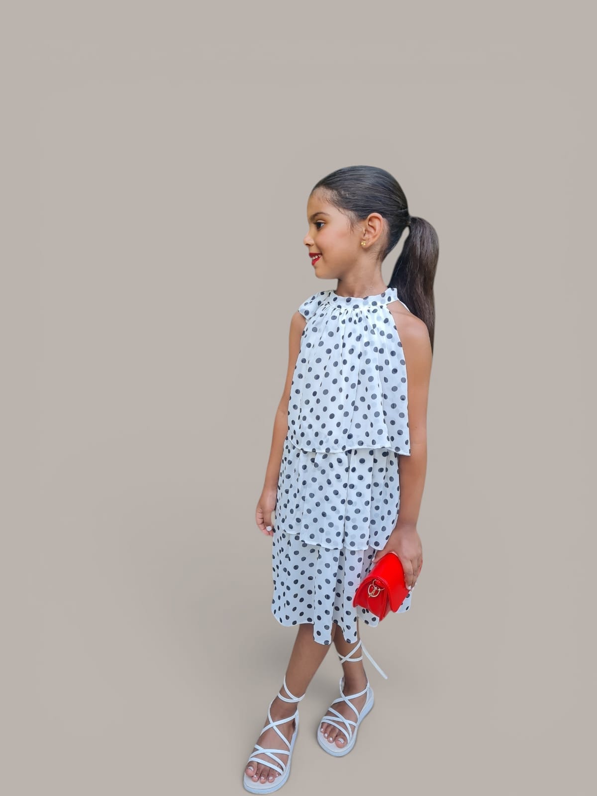 Girls White Polka Dot Tiered Dress with Shoulder Bow