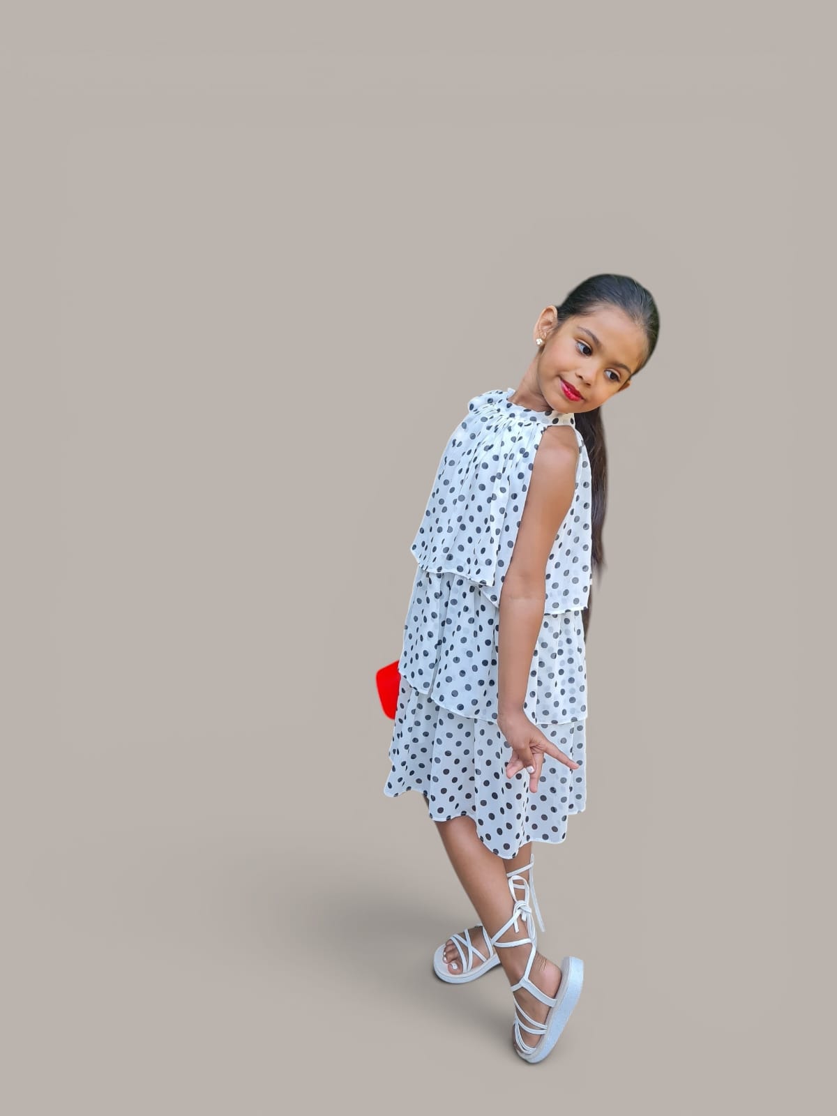 Girls White Polka Dot Tiered Dress with Shoulder Bow