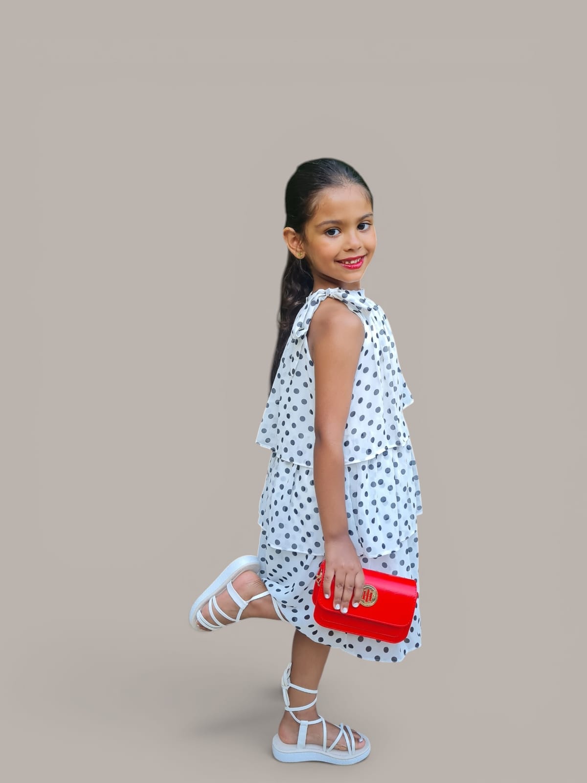Girls White Polka Dot Tiered Dress with Shoulder Bow
