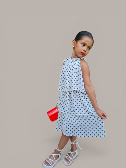 Girls White Polka Dot Tiered Dress with Shoulder Bow